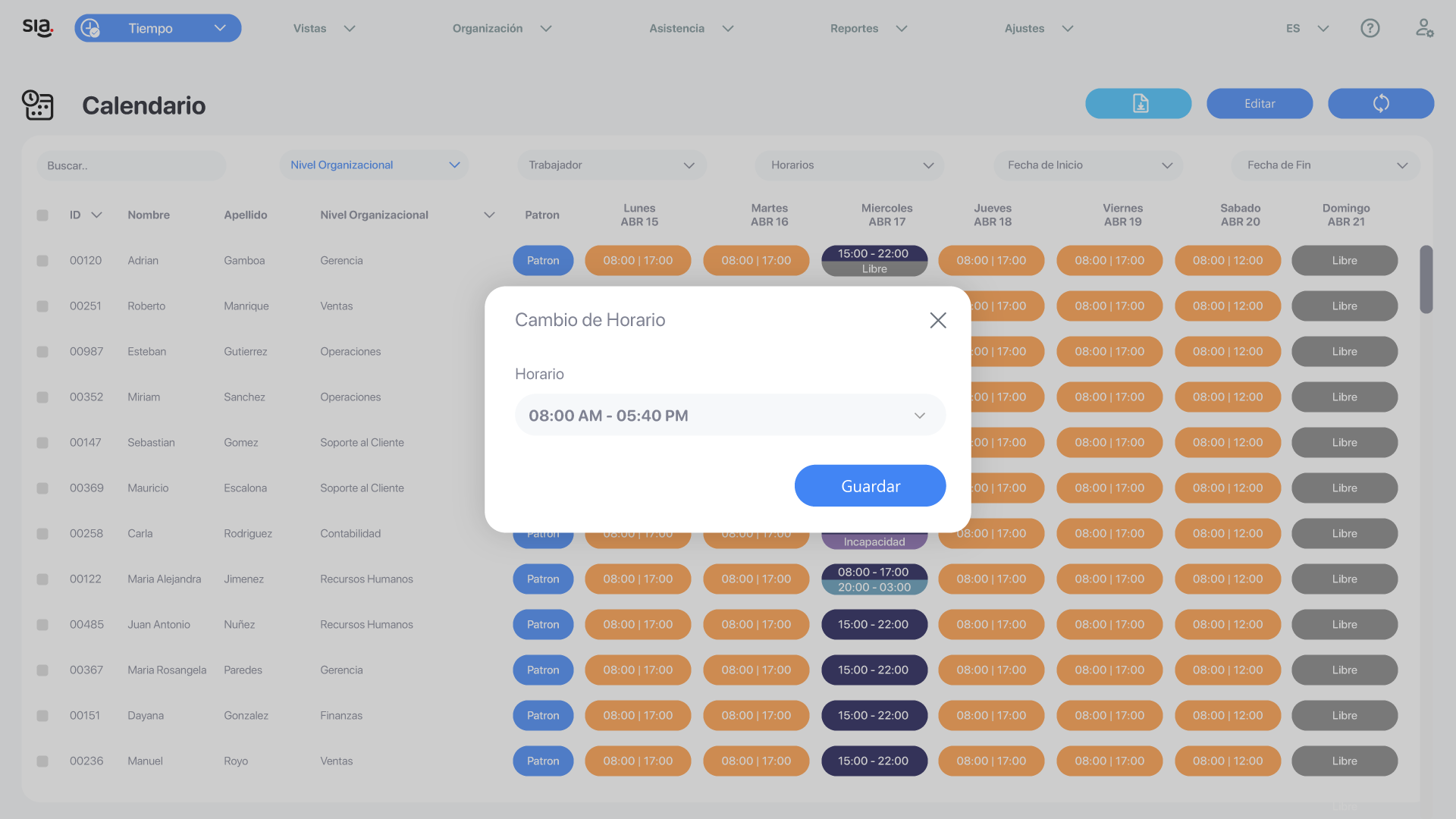 Cambio de horario con SIA