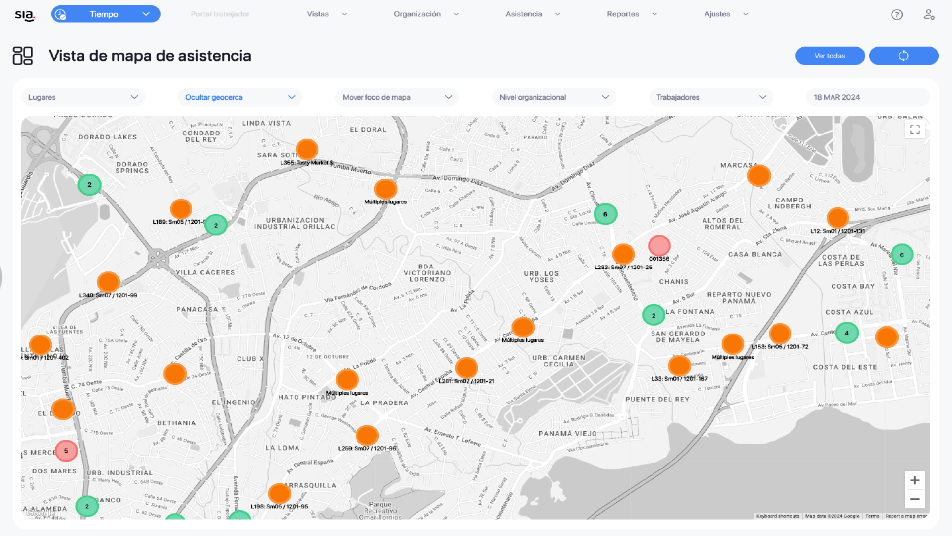 Vista de mapa de asistencia